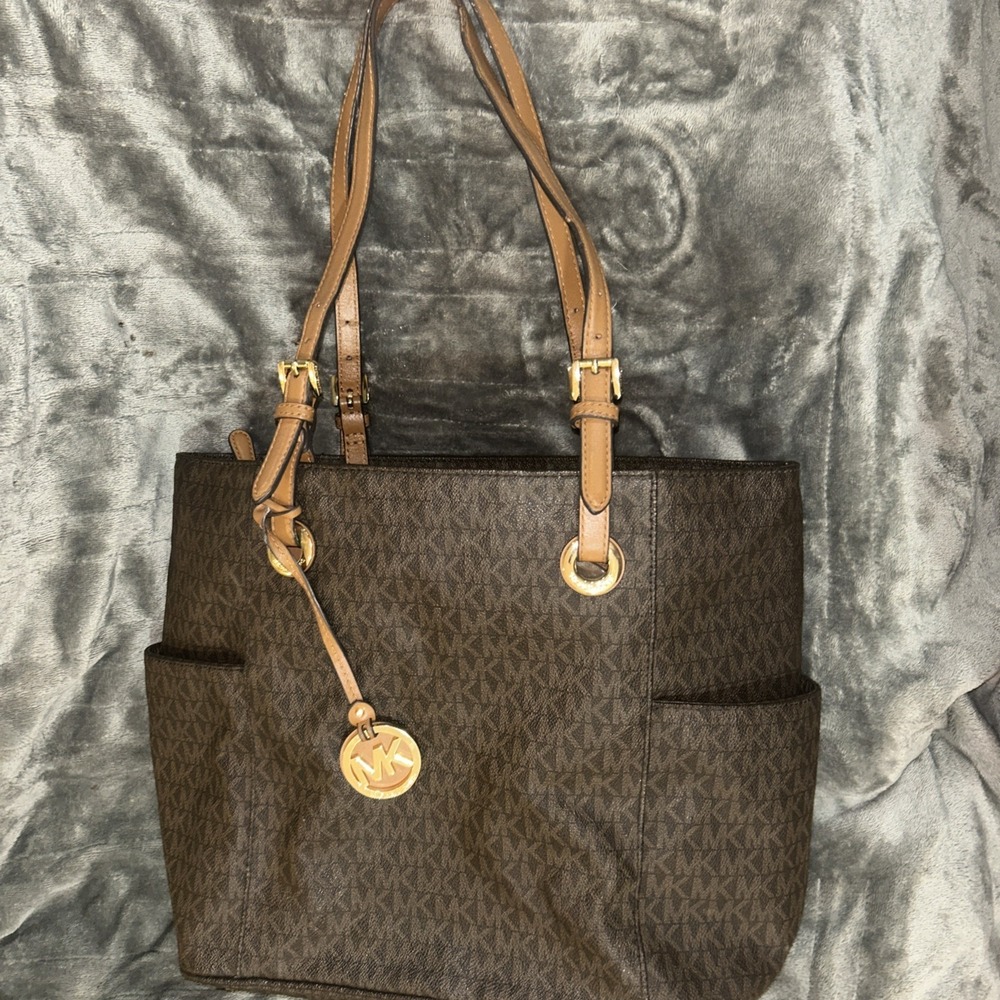 Michael Kors Jet Set Travel Large Mk Signature Logo Tote Handbag Brown 30S11T4B